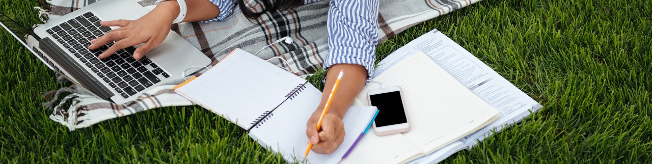 Studierende am Laptop auf einer Wiese