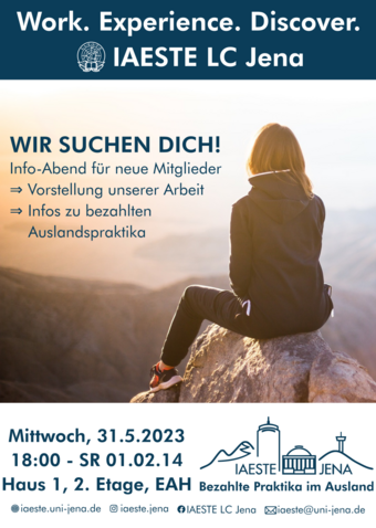 IAESTE LC Jena gibt einen Infoabend für neue Mitglieder am 31.05.2023 ab 18 Uhr