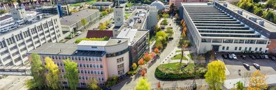 Luftaufnahme der Gebäude des Campus der Ernst-Abbe-Hochschule Jena
