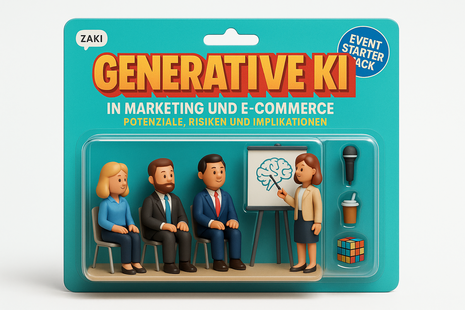 KI generiertes 3D-Rendering cartoonähnlicher Figuren, präsentiert in einer Blisterverpackung im Stil eines Sammler-Spielzeugs. Drei Figuren sitzen, eine weitere steht vor einem kleinen Whiteboard und hält einen Vortrag. Die Verpackung ist beschriftet mit „Event Starter Pack“, „Generative KI in Marketing und E-Commerce“.