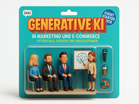 KI generiertes 3D-Rendering cartoonähnlicher Figuren, präsentiert in einer Blisterverpackung im Stil eines Sammler-Spielzeugs. Drei Figuren sitzen, eine weitere steht vor einem kleinen Whiteboard und hält einen Vortrag. Die Verpackung ist beschriftet mit „Event Starter Pack“, „Generative KI in Marketing und E-Commerce“.