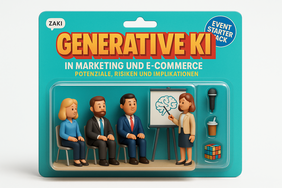 KI generiertes 3D-Rendering cartoonähnlicher Figuren, präsentiert in einer Blisterverpackung im Stil eines Sammler-Spielzeugs. Drei Figuren sitzen, eine weitere steht vor einem kleinen Whiteboard und hält einen Vortrag. Die Verpackung ist beschriftet mit „Event Starter Pack“, „Generative KI in Marketing und E-Commerce“.