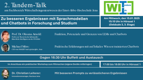 Übersicht / Agenda zum 2.Tandem-Talk mit Thema "Zu besseren Ergebnissen mit Sprachmodellen und Chatbots in Forschung und Studium" an der EAH Jena