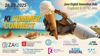 16:9 Flyer KI Summer Connect Ein Roboterarm hält ein Waffelhörnchen mit einer Kugel Vanille-Eis. Im Hintergrund Strand und Meer. Auf dem Bild steht in großen gelben Buchstaben "KI Summer Connect". Am unteren Bildrand sind die Logos der Beteiligten abgebildet.