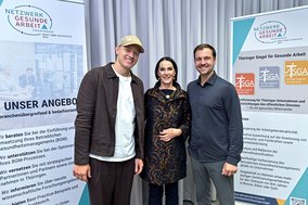 Prof. Dr. Heike Kraußlach mit Max Langenhan und Timo Boll beim 10. Tag der Gesunden Arbeit an der Ernst-Abbe-Hochschule Jena