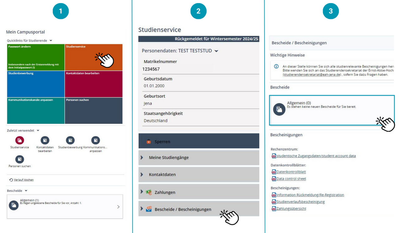 Campusportal Studienservice Bescheide/Bescheinigung Screenshot Campusportal Studienservice Studienbescheinigung