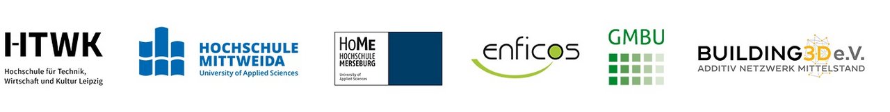 Banner mit mehreren Partnerlogos auf hellem Hintergrund: HTWK Leipzig, Hochschule Mittweida, HoME Hochschule Merseburg, enficos, GMBU und BUILDING 3D e.V.