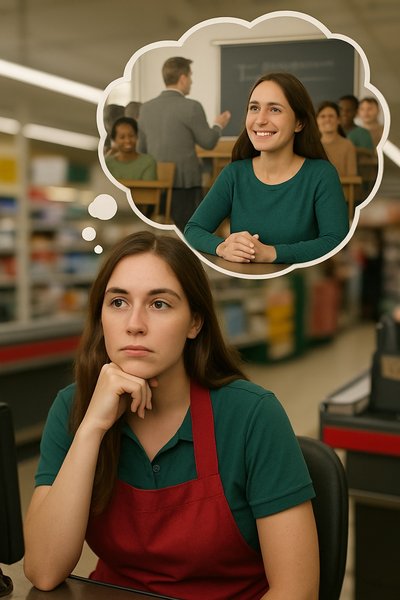 KI-generiertes Bild einer Auszubildenen, die sich selbst in Gedanken fröhlich beim Studieren sieht.