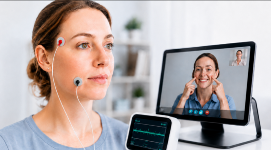 Frau, die ein EMG-gestützte Teletherapie der Gesichtsmuskulatur durchführt (mit ChatGPT 5.5 – High generiert am 06.07.2026)