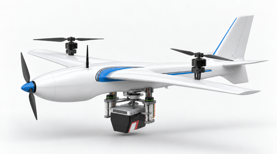 Schematische Darstellung eines fixed-wing-UAV mit Lidar-Sensorsystem zum Airborne-Mapping (Bild wurde KI-generiert; von der Firma SOMAG AG Jena)