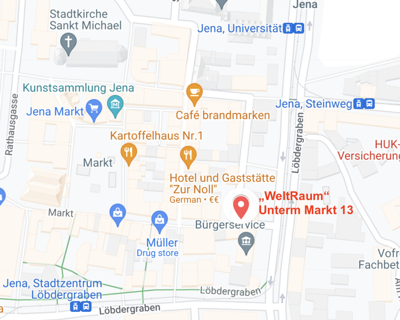 Stadtplan von Jena mit Markierung Weltraum, Unterm Markt 13, 07743 Jena
