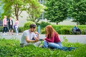 Eine junge Frau und ein junger Mann sitzen im Grünen und scheuen gemeinsam auf ein Handy.