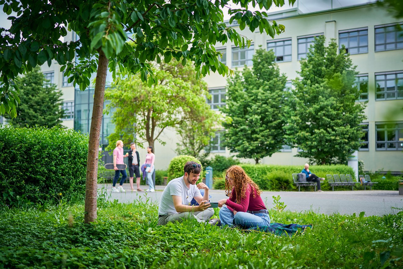 Eine junge Frau und ein junger Mann sitzen im Grünen und scheuen gemeinsam auf ein Handy.