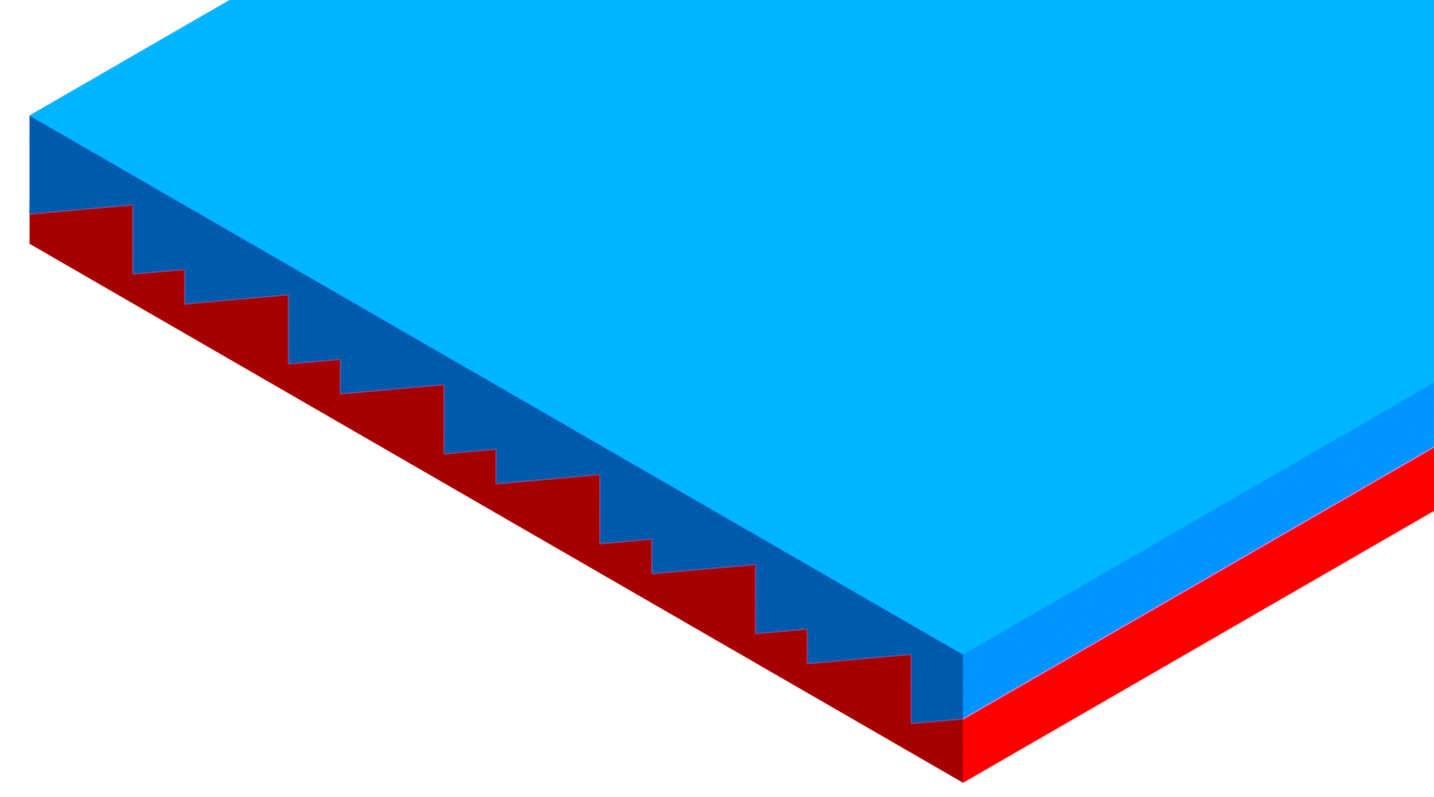 Schematische Darstellung eines „Multi-Layer Diffraktiven Optischen Elements“ (MLDOE), bestehend aus ineinander verzahnten, sägezahnförmigen Strukturen aus unterschiedlichen Materialien.