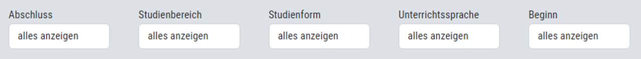 Studiengangsfilter Filterfunktionen von links nach rechts: Abschluss, Studienbereich, Studienform, Unterrichtssprache, Beginn