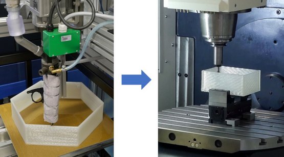Hybrid3D Darstellung der additiven (links) und subtraktiven Bearbeitung (rechts) eines Kunststoffbauteils